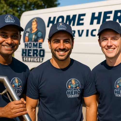Home Hero Services Team Three smiling male service technicians wearing matching navy blue "Home Hero Services" t-shirts and caps stand in front of a white service van with the company logo. The technician on the left holds a carpet cleaning wand.