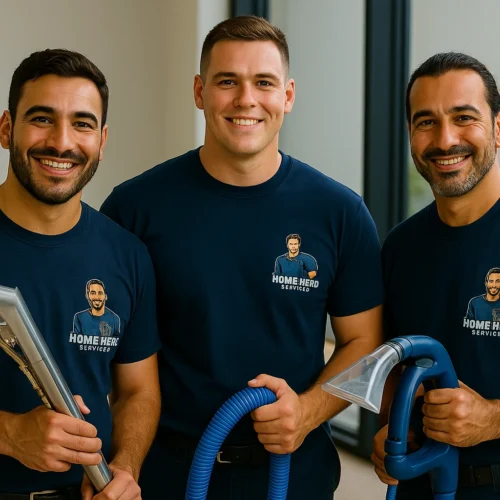 Home Hero Services Team – Professional Carpet Cleaning Experts in Melbourne Three olive-skinned carpet cleaning professionals from Home Hero Services smiling in navy uniforms with the logo clearly visible, holding cleaning equipment in a modern Melbourne home.