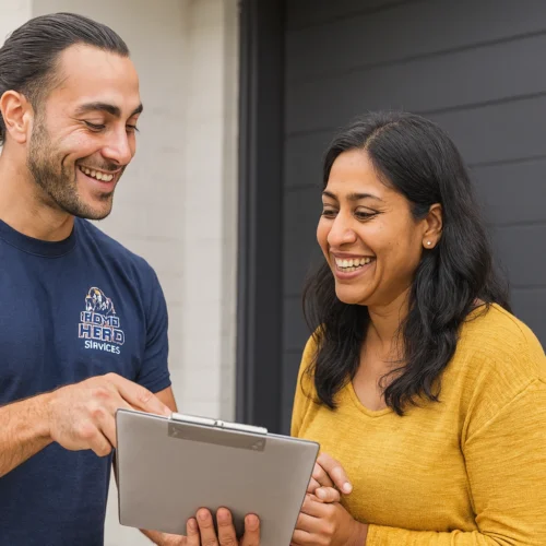 Home Hero Services Melbourne – Friendly & Professional Customer Care Home Hero Services technician assisting a happy Melbourne homeowner outside her house, showcasing friendly and professional customer service.