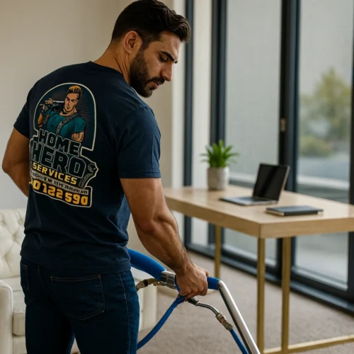 Home Hero Services – Professional Office Carpet Cleaning Melbourne Professional carpet cleaning technician from Home Hero Services steam-cleaning carpets in a modern Melbourne office.