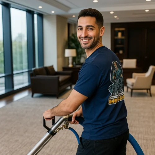 Home Hero Services Carpet Cleaning A smiling male service technician, wearing a navy blue "Home Hero Services" t-shirt, operates a carpet cleaning machine in a spacious, well-lit office or commercial interior with large windows and modern furniture.