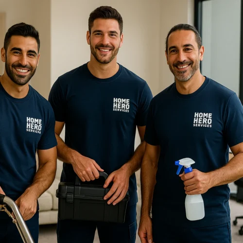 Home Hero Services Team for Home and Office Three smiling male technicians in navy blue "Home Hero Services" t-shirts stand in a modern room, holding a carpet cleaning wand, a toolbox, and a spray bottle.