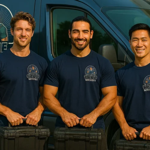 Home Hero Maintenance Crew Three smiling male service technicians, wearing matching navy blue "Home Hero Services" t-shirts, stand in front of a dark blue service van with the company logo. Each technician is holding a black tool case.