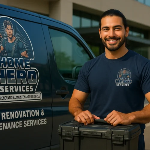 Home Hero Services – Professional Renovation & Cleaning Team Melbourne Home Hero Services technician standing beside branded van in Melbourne ready for renovation and steam cleaning jobs.
