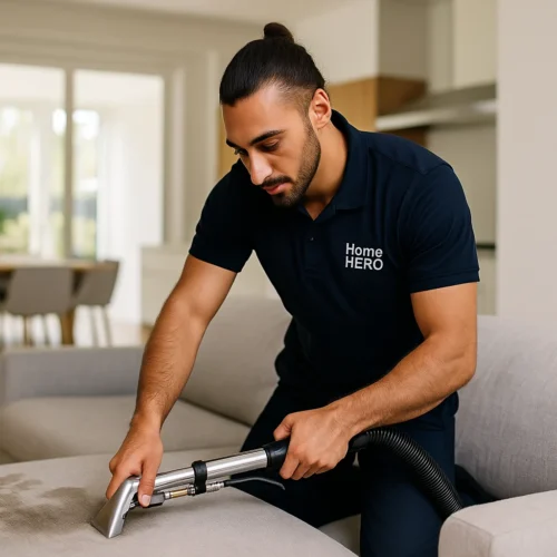 Home Hero Services Technician Removing Sofa Stain A focused male service technician with a man bun and beard, wearing a navy blue "Home Hero Services" polo shirt, is diligently cleaning a dark stain from a light-colored sofa using an upholstery cleaning tool in a modern, brightly lit living room.