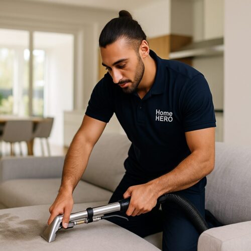Professional Sofa Cleaning Service Man with a man bun using a professional upholstery cleaner on a sofa stain in a modern living room.