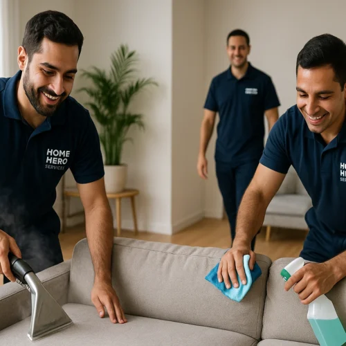 Upholstery & Furniture Steam Cleaning Melbourne | Home Hero Services Home Hero Services team performing professional upholstery and furniture steam cleaning in a modern Melbourne home.