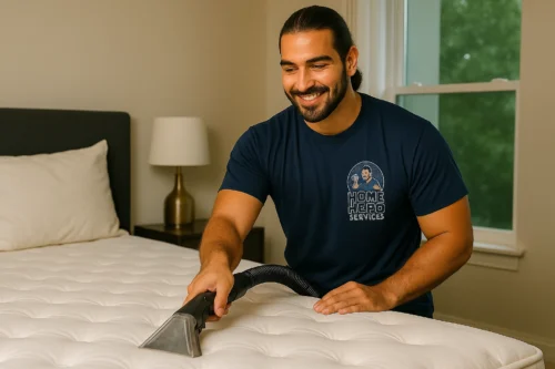 Professional Mattress Cleaning Service A smiling male cleaner with dark hair pulled back in a ponytail, wearing a navy blue "Home Hero Services" t-shirt, is diligently cleaning a white quilted mattress with a wet vacuum attachment in a bedroom.