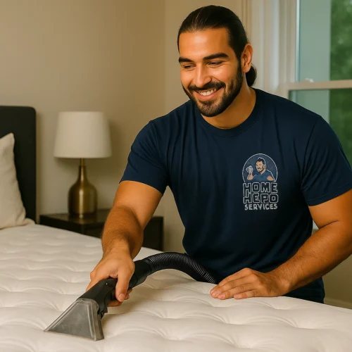 Professional Mattress Cleaning Service A smiling male cleaner with dark hair pulled back in a ponytail, wearing a navy blue "Home Hero Services" t-shirt, is diligently cleaning a white quilted mattress with a wet vacuum attachment in a bedroom.