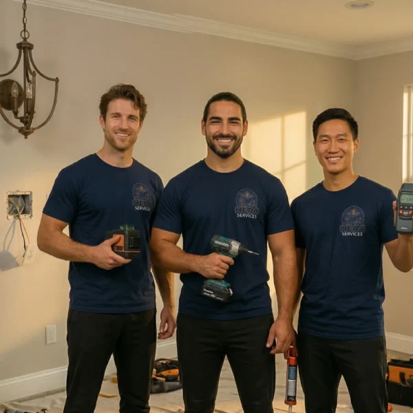Three smiling professional handymen in navy blue uniforms holding tools inside a home under renovation.