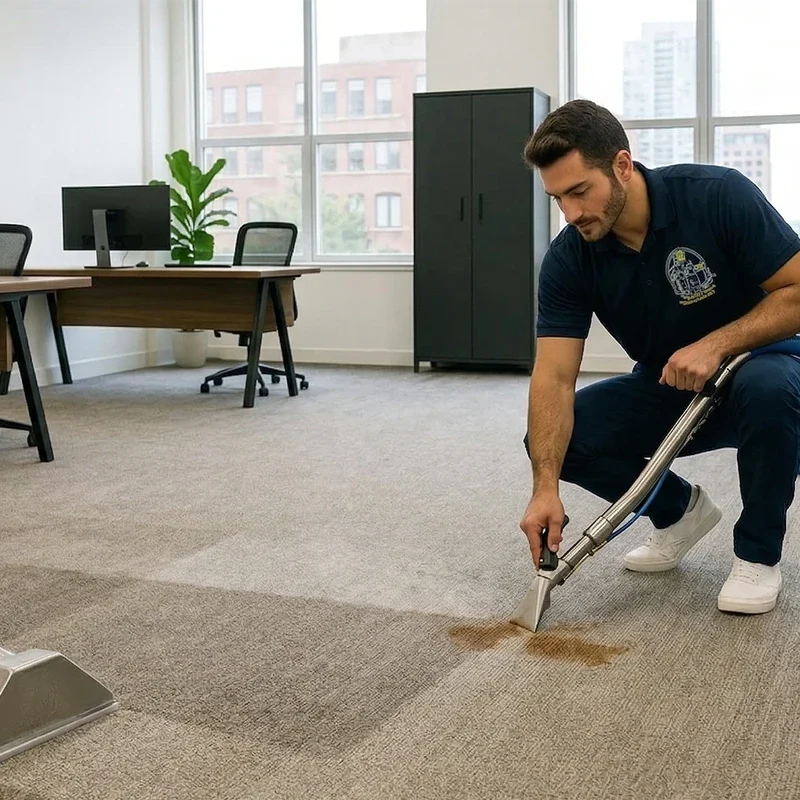 A professional cleaner using a commercial steam cleaning wand to remove a brown stain from an office carpet.