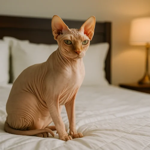 Sphynx Cat on Freshly Cleaned Bed – Pet Odour Removal Melbourne Sphynx cat sitting on a freshly cleaned bed after pet odour removal service in Melbourne